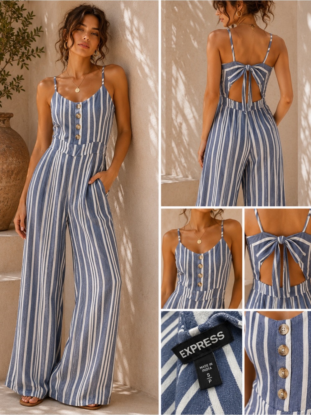 Express Blue & White Striped Wide Leg Jumpsuit | Open Tie Back | Size Small